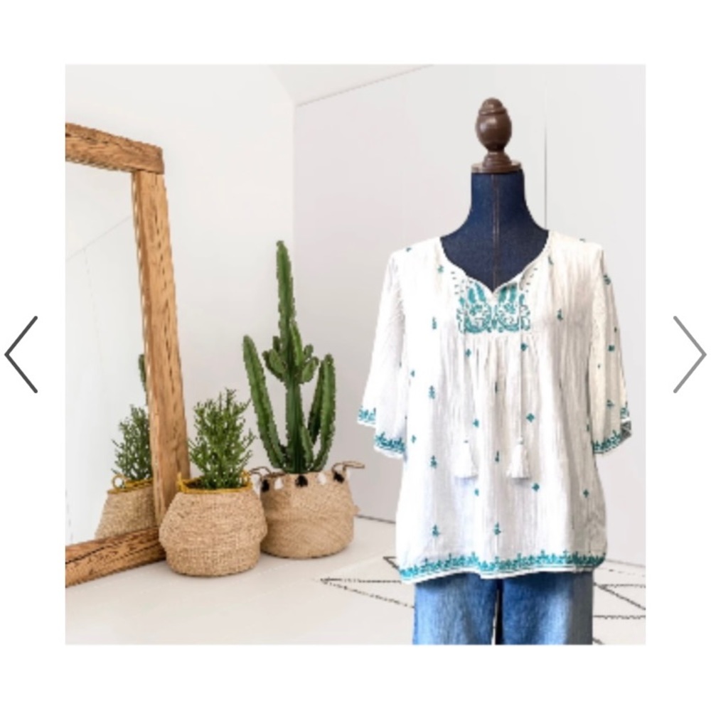 Soft Surroundings Womens Boho White and Teal Embroidered Oliana Top, L NEW